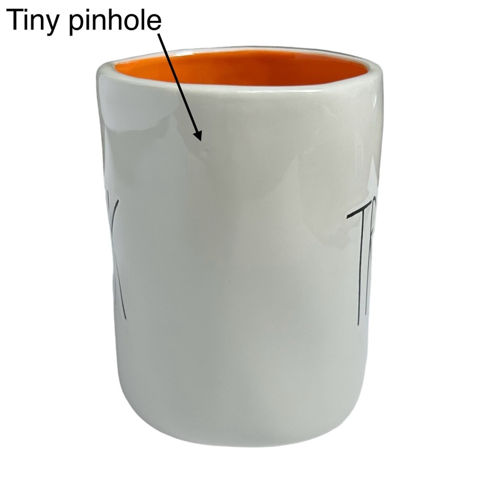Rae Dunn Halloween Mug TRICK TREAT Double Side White Orange Interior New 2017 OG - Picture 6 of 16